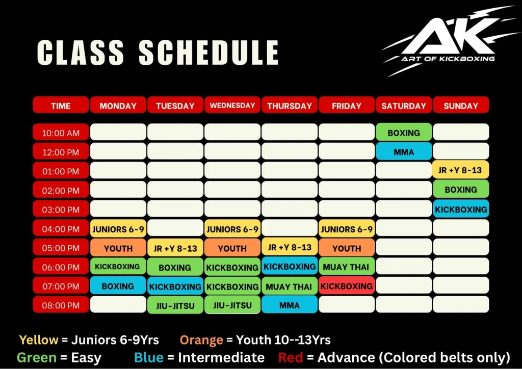 class-schedule-color-coded-art-of-kickboxing-richmond-bc-vancouver